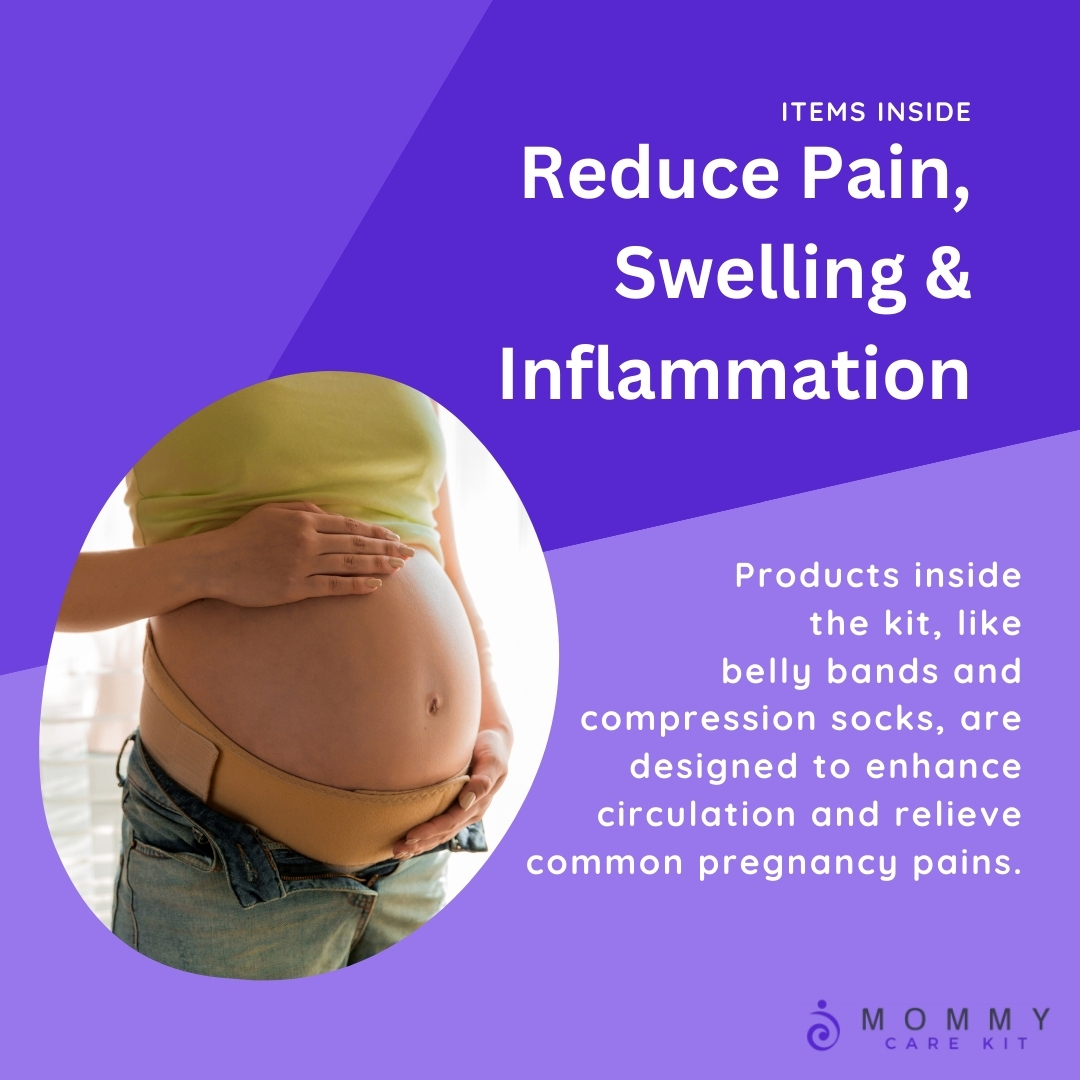 Text: ITEMS INSIDE - Reduce Pain, Swelling & Inflammation. Products inside the kit, like belly bands and compression socks, are designed to enhance circulation and relieve common pregnancy pains. Mommy Care Kit. Image: Pregnant person wearing a belly support band. Link: https://www.mommycarekits.com/ExpectingNewLife
